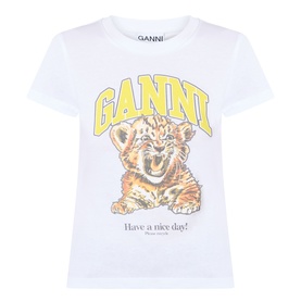 Ganni Tiger Logo Baby Tee in Bright White with crew neck, short sleeves, and front tiger cub graphic with yellow logo lettering.