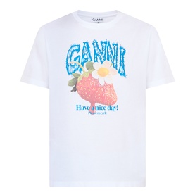 Ganni Strawberry Logo T-Shirt in Bright White with strawberry and floral graphic print and blue logo lettering on front, crew neck, short sleeves