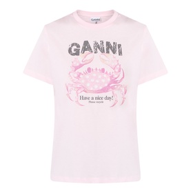 Ganni Crab Logo T-Shirt in Chalk Pink, crew neck, short sleeves, pink crab graphic print with logo lettering on front