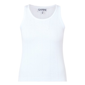 Ganni Bright White ribbed cotton sleeveless vest top with scoop neckline and relaxed fit