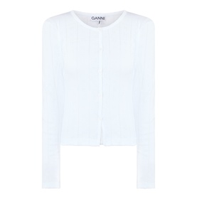Ganni Bright White cotton collarless cropped cardigan top with button front fastening and long sleeves