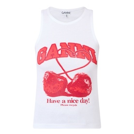 Ganni Cherry Logo Ribbed Tank Top in Bright White with red cherry graphic and GANNI lettering, sleeveless ribbed cotton design