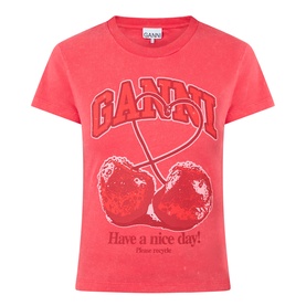 Ganni Cherry Logo Baby Tee in High Risk Red, crew neck, short sleeves, cherry graphic print and logo lettering on front
