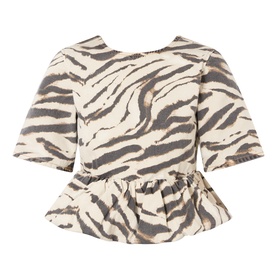 Ganni Zebra Print Denim Flounce Top in Egret, short sleeves, round neckline, flounce hem, zebra print cotton fabric