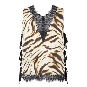 Ganni Zebra Print Lace-Trim Blouse in Egret, sleeveless satin top with V-neckline, black lace trim, and adjustable side-tie fastenings