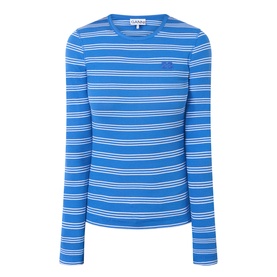 Ganni Butterfly Logo Striped Long-Sleeved Top in Nouveau Navy, ribbed construction, crew neckline, long sleeves, tonal logo embroidery
