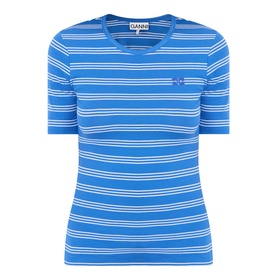 Ganni Butterfly Logo Striped T-Shirt in Nouvean Navy, crew neck, short sleeves, tonal butterfly logo embroidery, ribbed stripe construction
