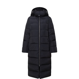 Black longline puffer coat with attached hood, front zip fastening, and horizontal quilted panels