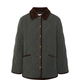 Gant Dark Moss Green quilted jacket with brown corduroy collar, contrast trim, and gold snap buttons