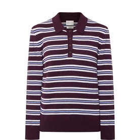 Gant Fine-Knit Striped Polo Sweater in Darkened Wine with blue stripes, polo collar, four-button placket and long sleeves