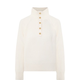 Gant cream wool ribbed knit jumper with high neck and gold button placket detail