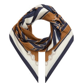 Silk square scarf in navy, tan and cream with equestrian chain and stirrup print, folded into diamond shape