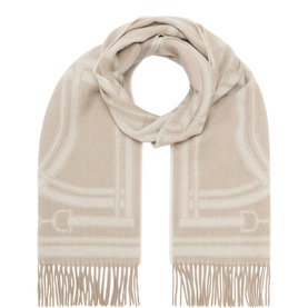 Gant Mist Taupe wool scarf with tonal geometric border pattern and fringe trim, laid flat