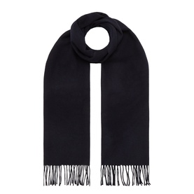 Gant wool scarf in Evening Blue with fringe ends, rolled and laid flat to show full length