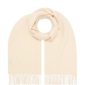 Gant wool scarf in Faded Beige with fringe ends, styled in a looped coil