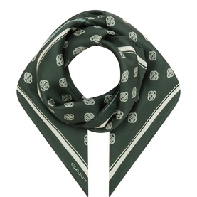 Gant mossy green silk scarf with all-over logo print and contrast border, styled in a loose knot