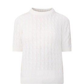 Gant cream cable-knit wool top with short sleeves and mock neck, flatlay view