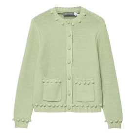 Mint Velvet green knit cardigan with bobble trim, front patch pockets, and button fastening