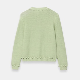 Mint Velvet Bobble Detail Knitted Cardigan in green, crew neck, long sleeves with bobble trim detailing along edges