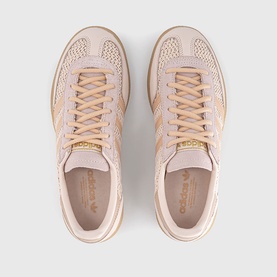Adidas trainers in Wonder Quartz Halo Blush, overhead view showing blush suede upper with gold laces and branding detail.