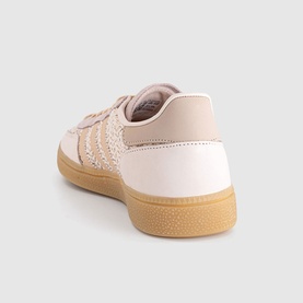 Adidas trainer in Wonder Quartz Halo Blush, featuring textured side stripe detail and gum rubber sole, rear three-quarter view.