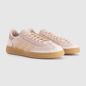 Adidas trainers in Wonder Quartz Halo Blush, perforated suede upper with three-stripe detail and gum rubber sole, pair shown.
