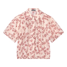 Mint Velvet pink short-sleeve shirt with all-over red heart and butterfly print, relaxed fit, camp collar