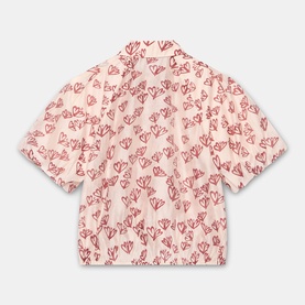 Mint Velvet Heart Puff-Sleeve Shirt in pink with all-over red heart print, classic collar, and short puff sleeves, shown flat