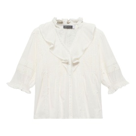 Mint Velvet white broderie blouse with ruffle V-neckline, elbow-length sleeves and frill trim detailing