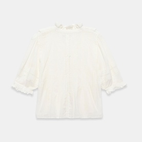 Mint Velvet Ruffle Trim Blouse in white, cotton with crochet and ruffle trim, pin tuck detail, short sleeves, front button fastenings