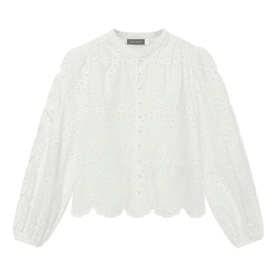 Mint Velvet white broderie anglaise blouse with scalloped hem, button front, and puffed long sleeves
