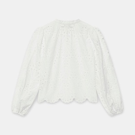 Mint Velvet Shell Broderie Blouse in white with scallop hem trim, crew neckline, long sleeves, and elasticated cuffs