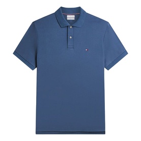 Tommy Hilfiger blue short-sleeve polo shirt with embroidered flag logo on chest and two-button placket