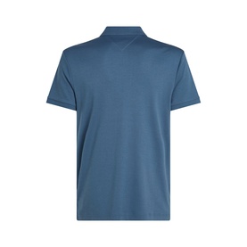 Back view of a steel blue short-sleeve polo shirt with a ribbed collar and clean minimalist design