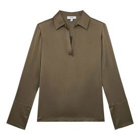 Reiss khaki green satin-finish polo collar blouse with long sleeves and button placket, laid flat