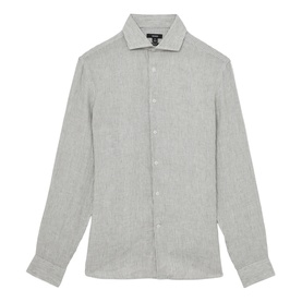 Reiss long-sleeve linen shirt in white and thyme green marl, spread collar, button placket, slim fit
