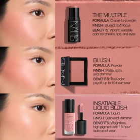 Nars Blush collection in Itsy Bitsy shade, showing The Multiple, Blush, and Insatiable Liquid Blush with model swatches on cheeks