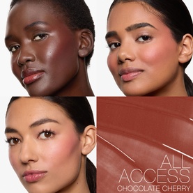Nars All Access Blush in Itsy Bitsy shown on three models with flushed cheeks, alongside a swatch of the Chocolate Cherry shade.