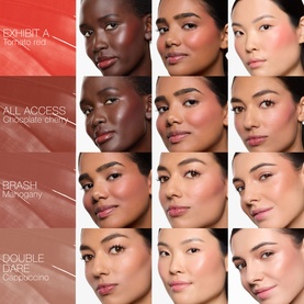 Nars Blush shade guide showing four shades: Exhibit A, All Access, Brash, and Double Dare, each worn on diverse skin tones.