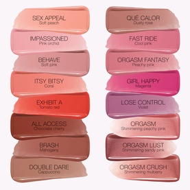 Nars Blush shade swatches including Itsy Bitsy (Gore) among a full range of pink, peach, red and berry tones on white background.