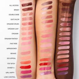 Nars Blush shade swatches on three arm skin tones showing full range including Itsy Bitsy, with shade names labelled alongside each swatch.