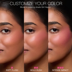 Nars Blush in Girl Happy shade shown in three buildable intensities on model: Soft Flush, Bold Rush, and Intense Impact