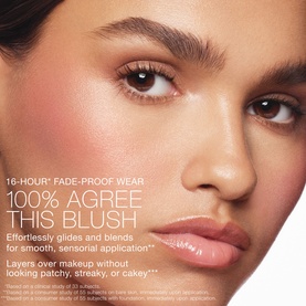 Model with Nars Blush in Itsy Bitsy applied to cheeks, shown in close-up campaign shot highlighting fade-proof wear