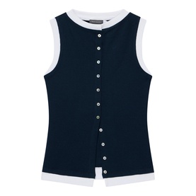 Mint Velvet blue sleeveless ribbed vest top with white contrast trim and button-through front detail