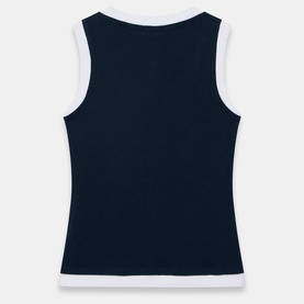 Mint Velvet Double Layer Button Front Top in blue, back view, sleeveless with white contrast trim at neckline and hem