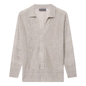Mint Velvet cream textured open-collar top with lace trim detail and long sleeves, laid flat