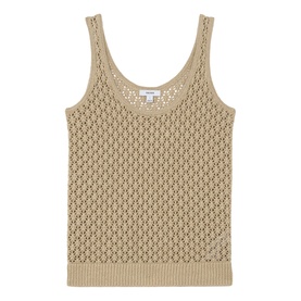 Reiss beige open-knit crochet vest top with scoop neck and ribbed hem, laid flat