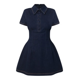 Odd Muse dark blue denim mini dress with pointed collar, short sleeves, button placket, and A-line skirt with contrast stitching