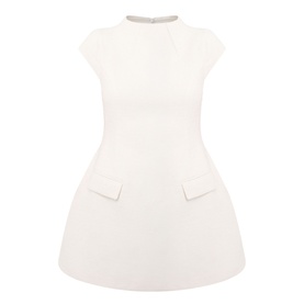 Odd Muse Tweed Flap Pocket Mini Dress in cream with cap sleeves, embellished neckline, front flap pockets and voluminous skirt