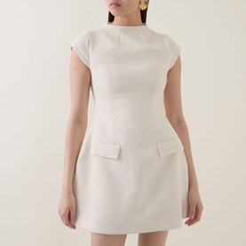Model wearing Odd Muse Tweed Flap Pocket Mini Dress in cream, featuring cap sleeves, high round neckline, flap pockets and fitted waist.